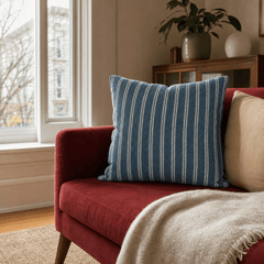 Vanishing Indigo Chenille Stripe Throw Pillow styled in a Portland Alberta Arts sitting room lifestyle - Whats New Furniture