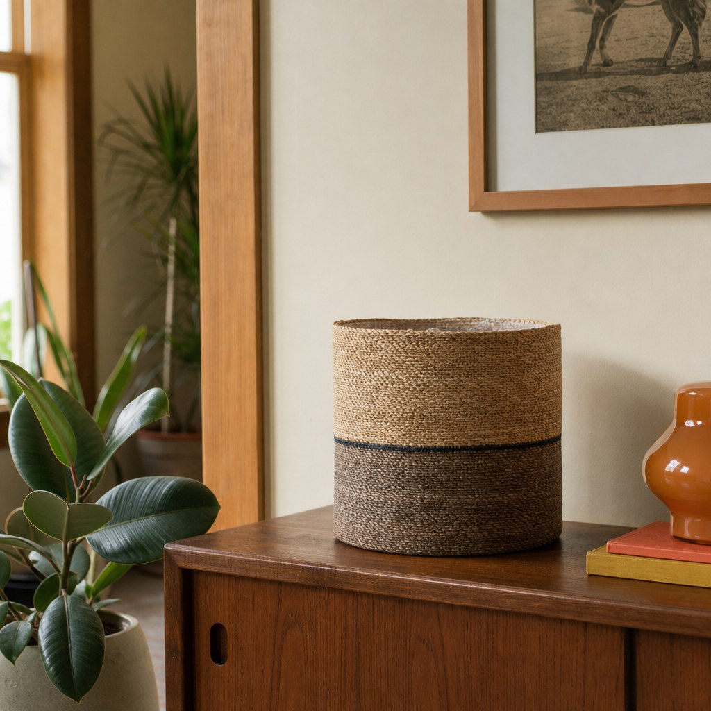 Woven Seagrass Basket, 11-3/4" Round styled in a Portland entryway - What&