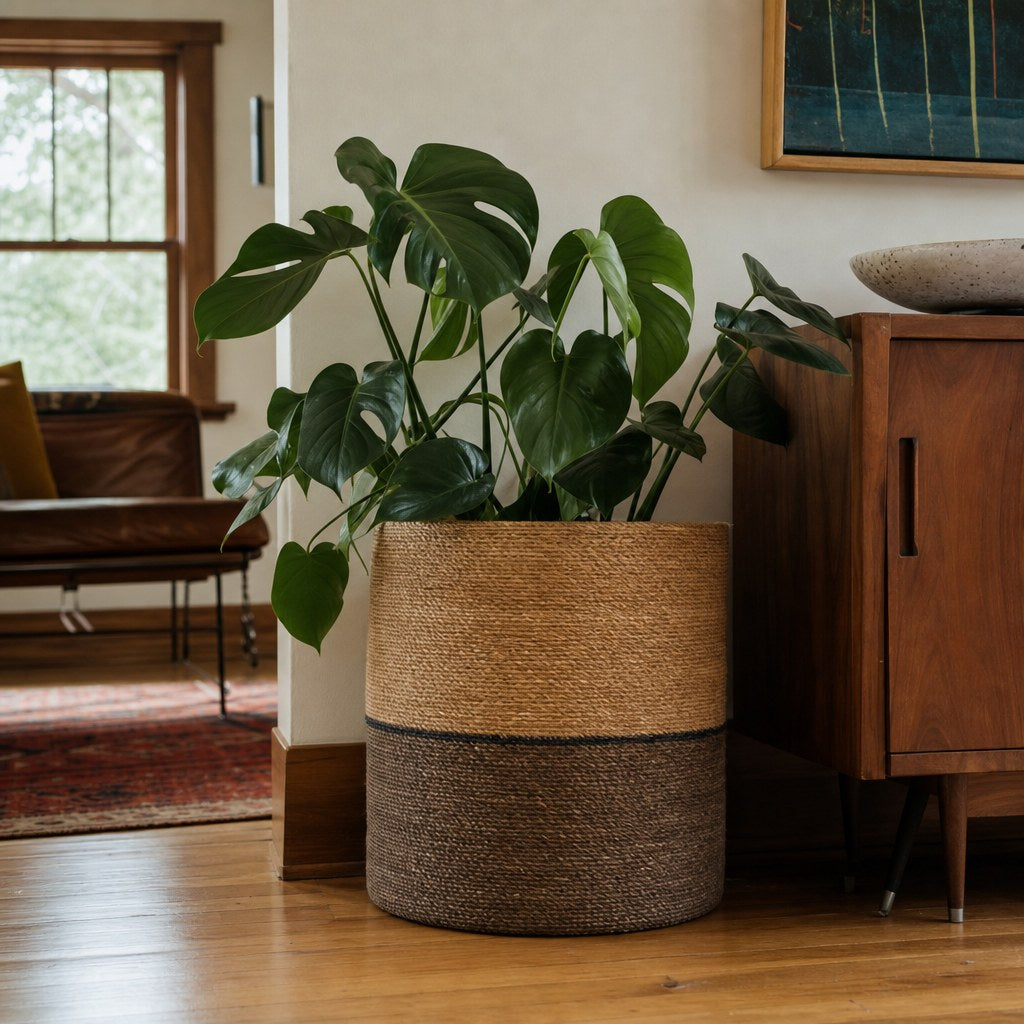 Woven Seagrass Basket, 13-1/4" Round styled in a Portland living room - What&