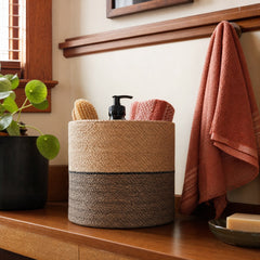 Woven Seagrass Basket, 8-3/4" Round styled in a Portland bathroom - What&