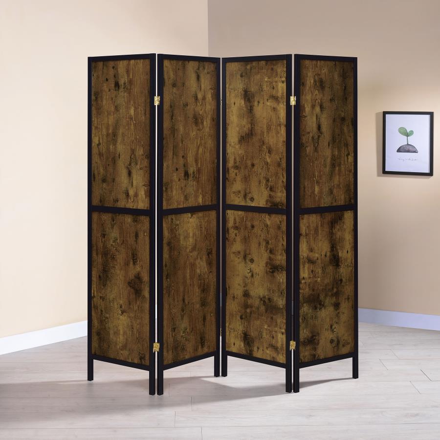 Deepika 4-Panel Room Divider Folding Screen in antique nutmeg side angle - wood folding screen by Coaster - Whats New Furniture Portland OR
