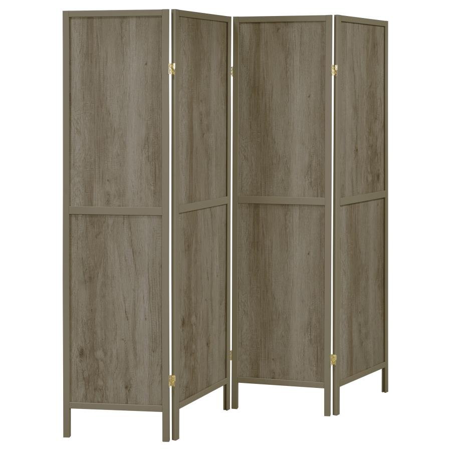 Deepika 4-Panel Room Divider Folding Screen in antique nutmeg back view - wood folding screen by Coaster - Whats New Furniture Portland OR
