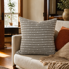 Deja Vu Harvest Slub Stripe Throw Pillow styled in a Portland Hawthorne bungalow living room lifestyle - Whats New Furniture