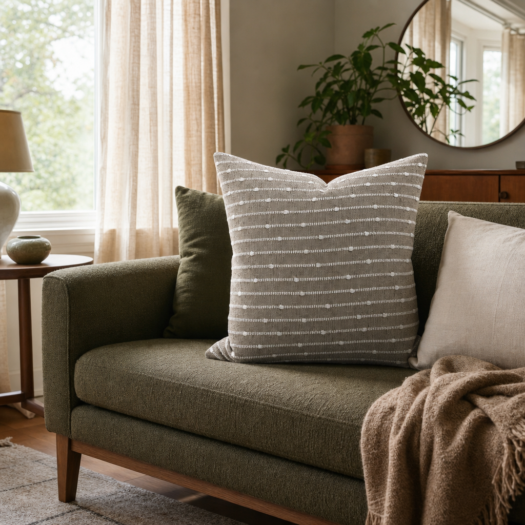 Deja Vu Harvest Slub Stripe Throw Pillow styled in a Portland Alberta Arts sitting room lifestyle - Whats New Furniture