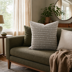 Deja Vu Harvest Slub Stripe Throw Pillow styled in a Portland Alberta Arts sitting room lifestyle - Whats New Furniture