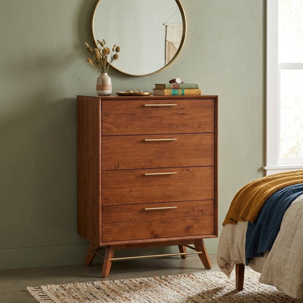 Denali High Chest in walnut lifestyle setting - mid-century walnut high chest by Unique Furniture - Whats New Furniture Portland OR