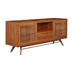 Denali Media Console in Walnut three-quarter angle showing angled legs and brass stretcher - Whats New Furniture Portland OR