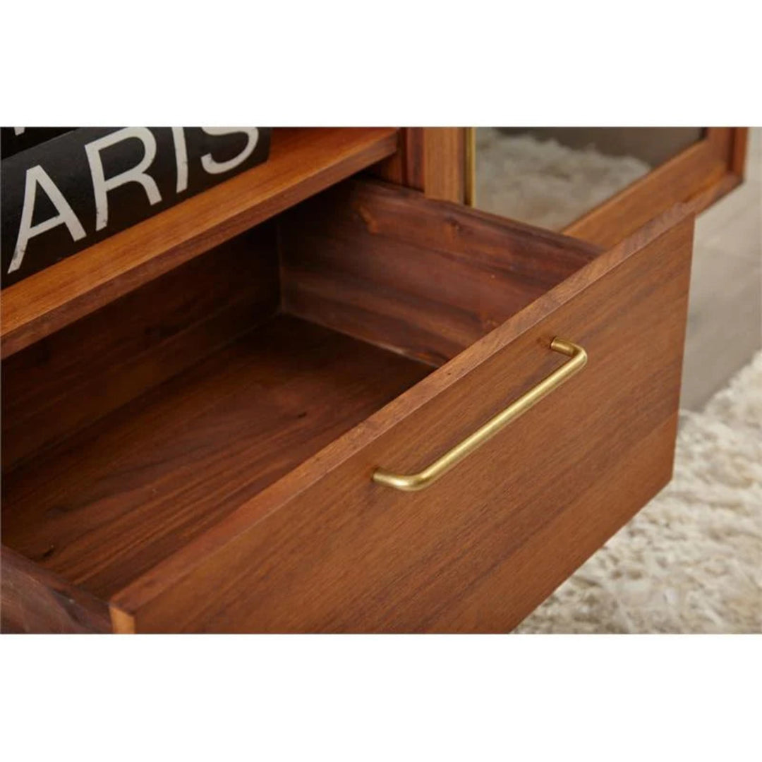 Denali Media Console open center drawer with brass pull detail - Whats New Furniture Portland OR
