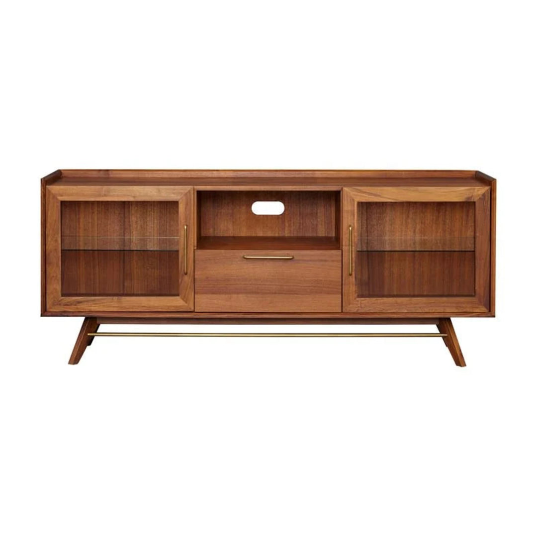 Denali Media Console in Walnut front view showing glass doors and brass accents - mid-century TV stand - Whats New Furniture Portland OR