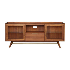 Denali Media Console in Walnut front view showing glass doors and brass accents - mid-century TV stand - Whats New Furniture Portland OR