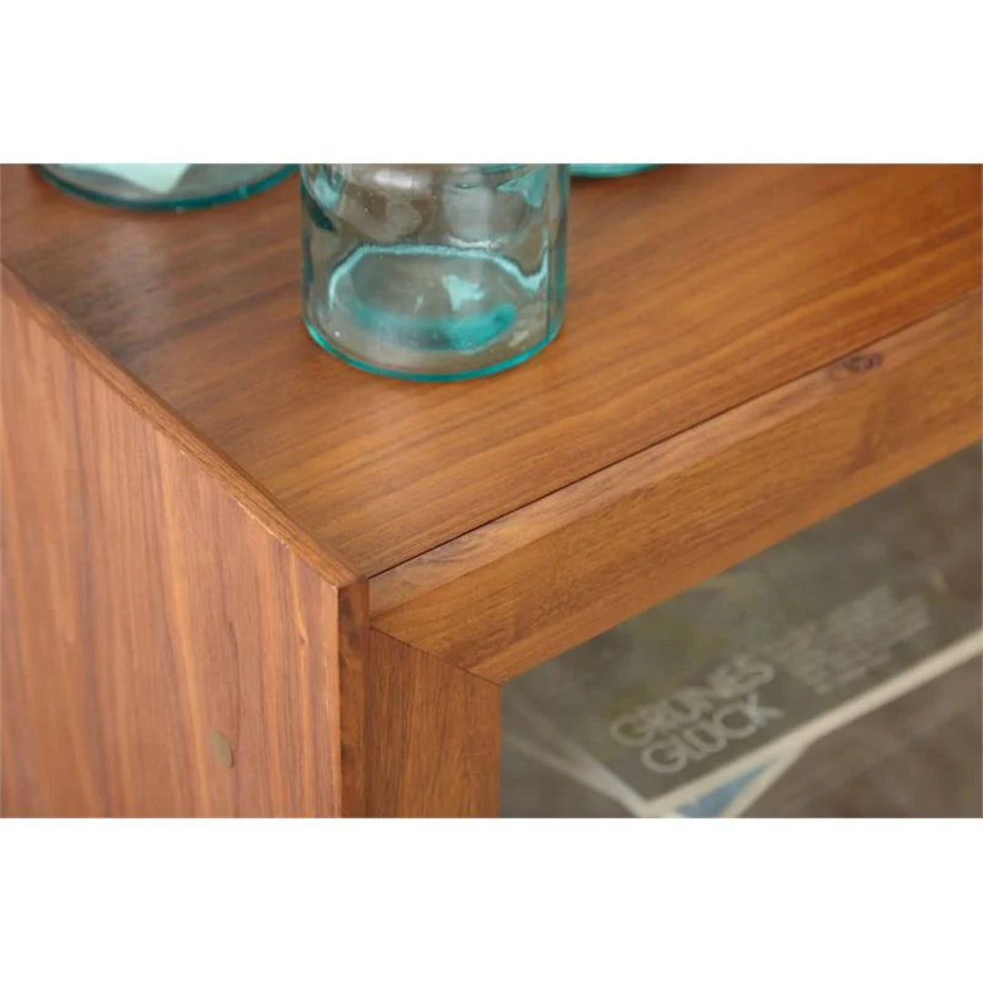 Denali Media Console walnut grain and glass door corner detail - Whats New Furniture Portland OR