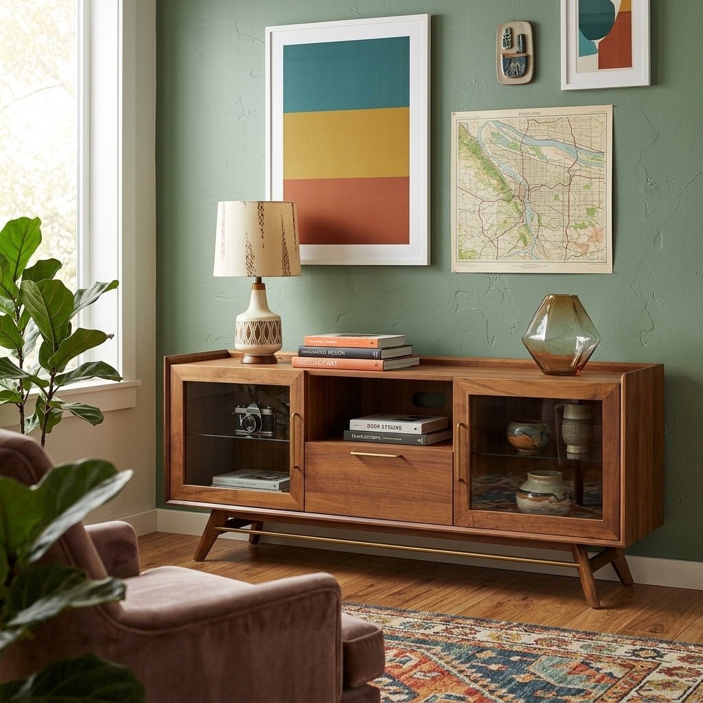 Denali Media Console in Walnut styled against green wall with art and books in Portland home - Whats New Furniture