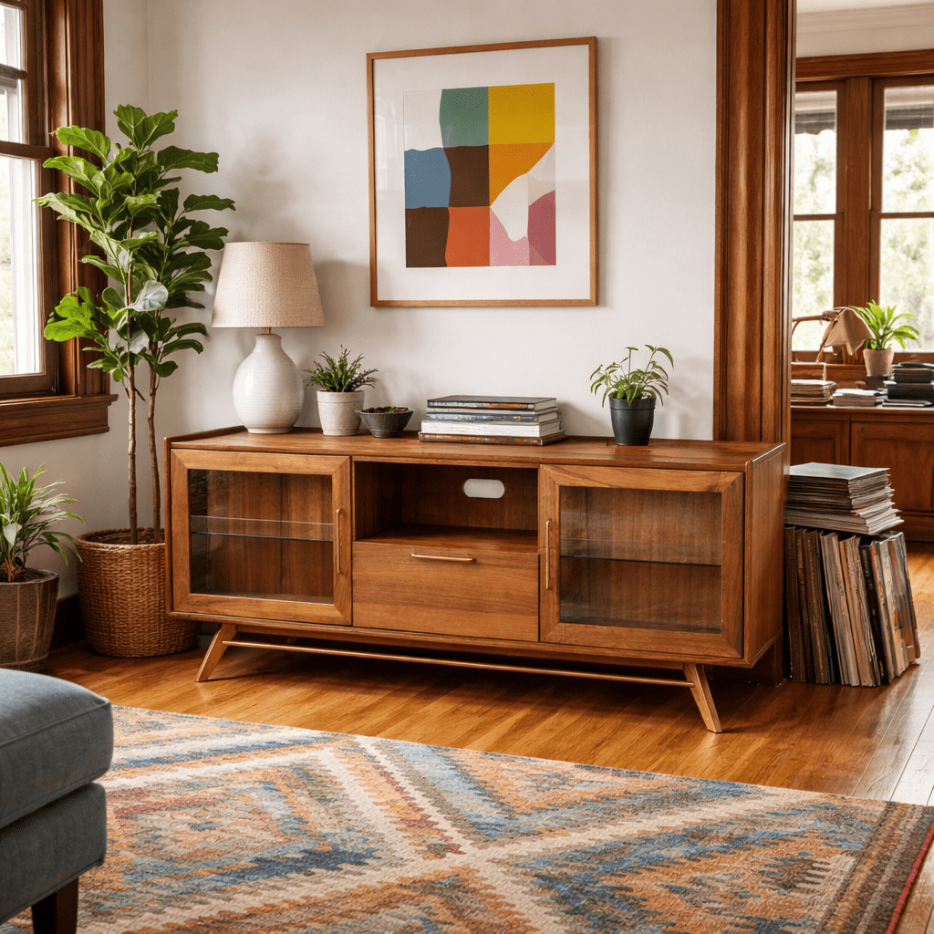 Denali Media Console in Walnut styled in a Portland mid-century living room - Whats New Furniture