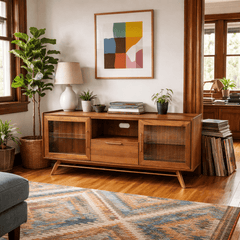 Denali Media Console in Walnut styled in a Portland mid-century living room - Whats New Furniture