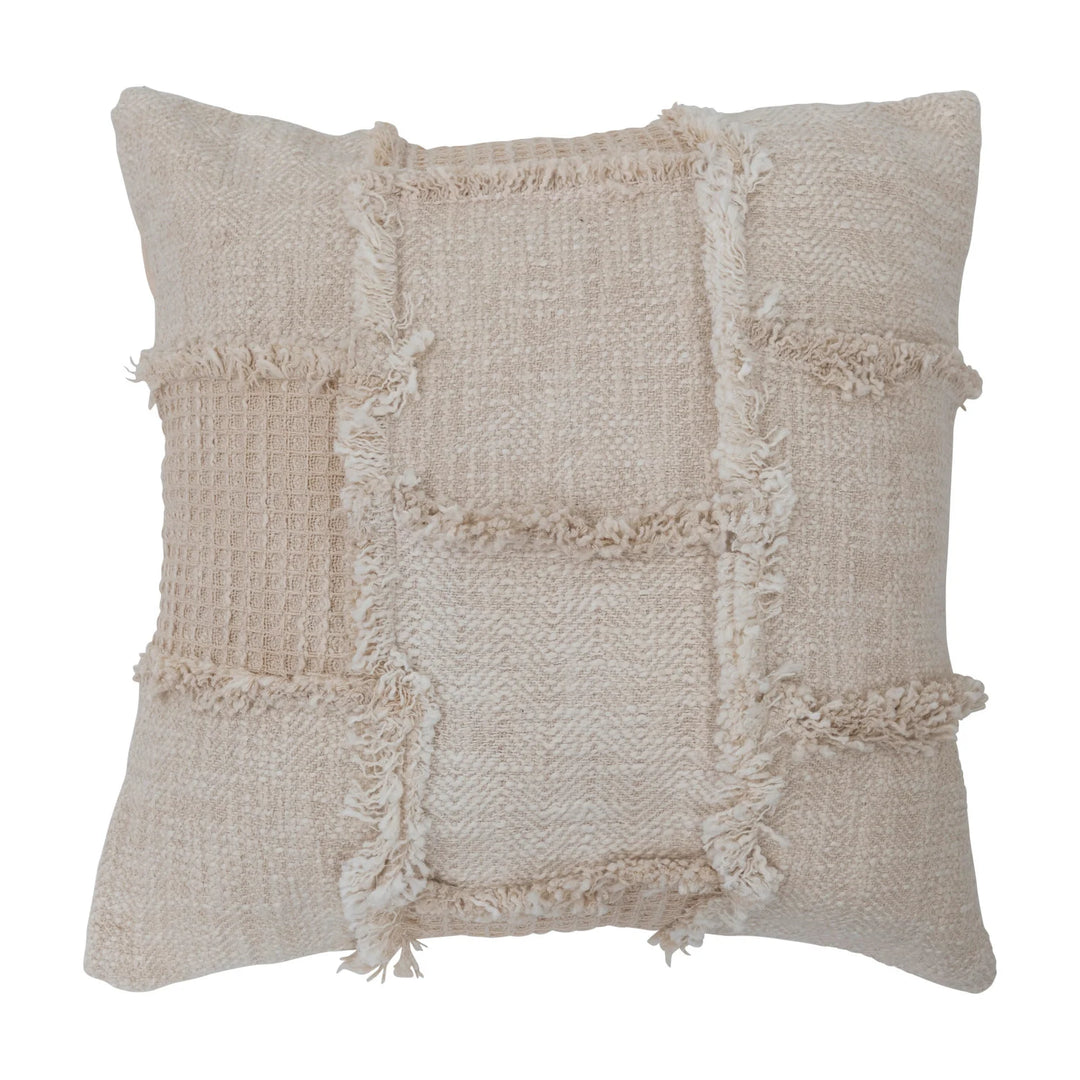 18" Woven Cotton &amp; Wool Patchwork Pillow with Frayed Edges