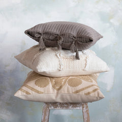 18" Woven Cotton &amp; Wool Patchwork Pillow with Frayed Edges