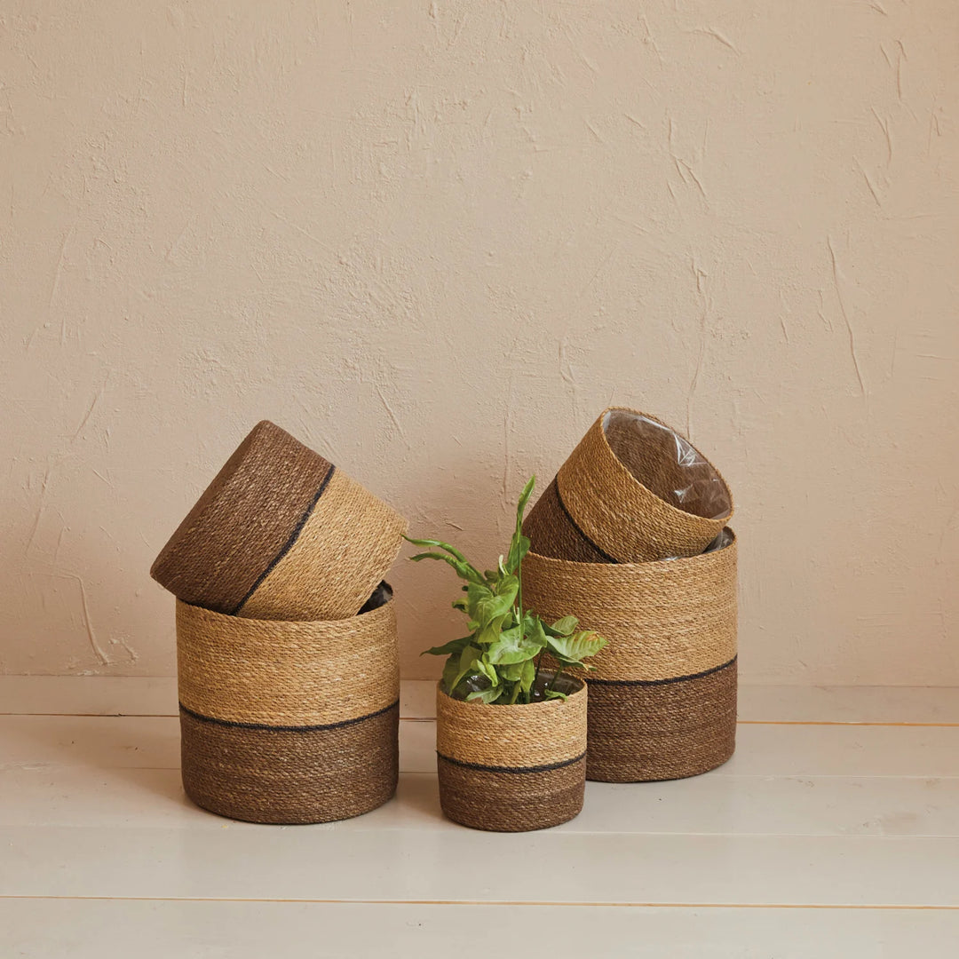 Decorative Woven Seagrass Baskets with Plastic Lining, Set of 5