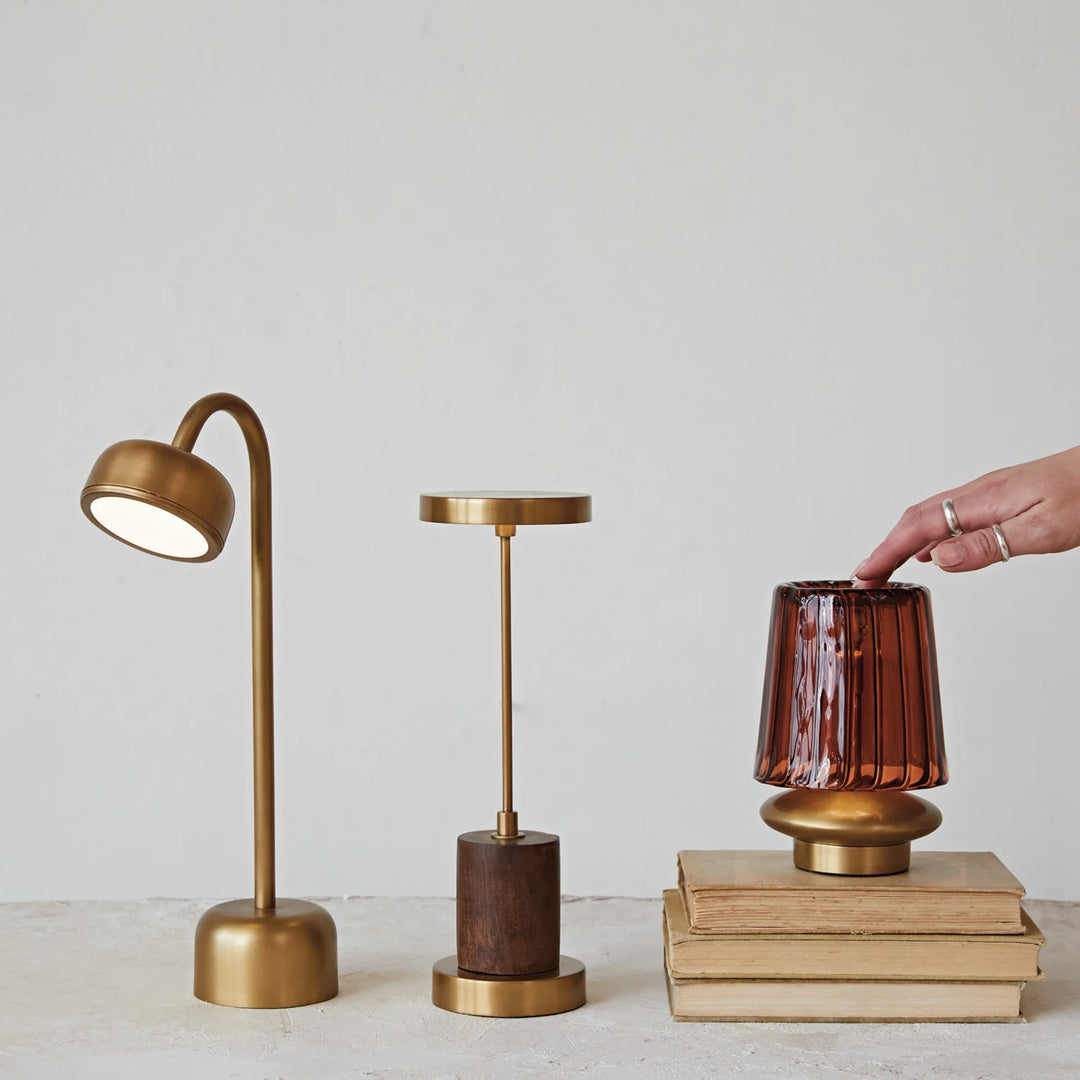 Metal &amp; Mango Wood LED Table Lamp with Touch Sensor, Antique Brass