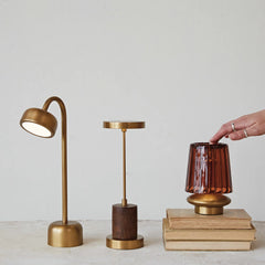 Metal &amp; Mango Wood LED Table Lamp with Touch Sensor, Antique Brass