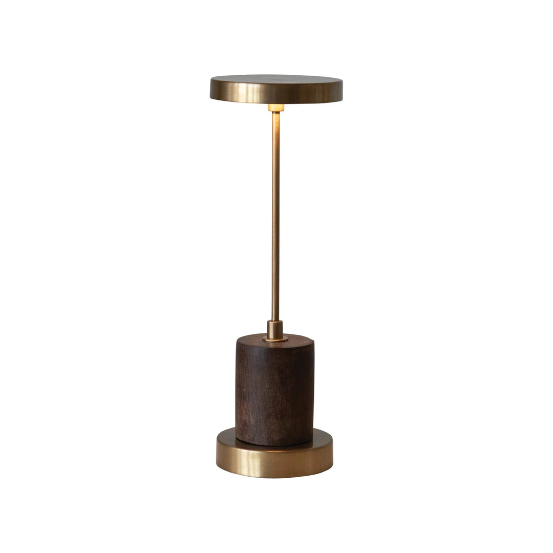 Metal &amp; Mango Wood LED Table Lamp with Touch Sensor, Antique Brass