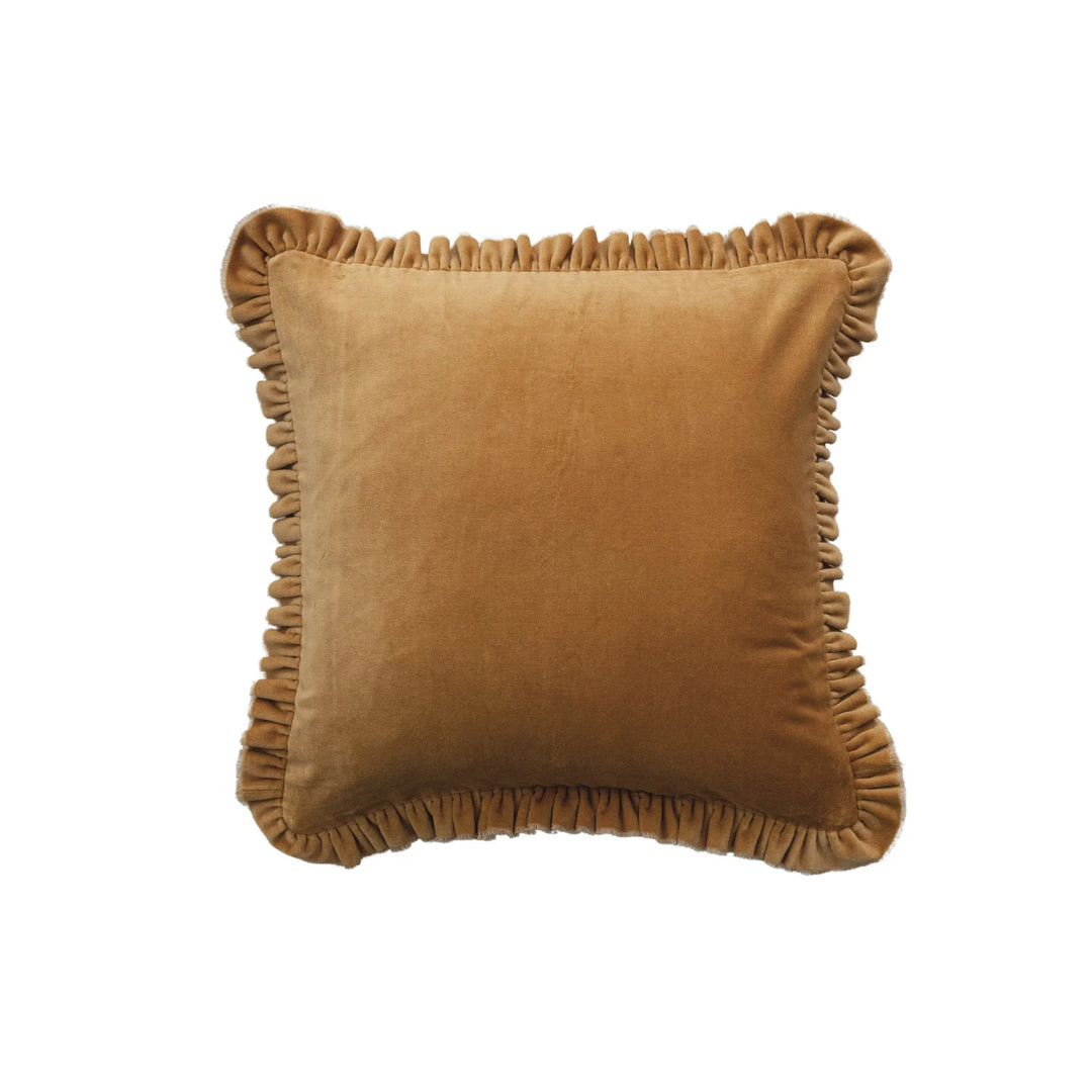 20" Square Cotton Velvet Pillow with Ruffled Trim, Mustard