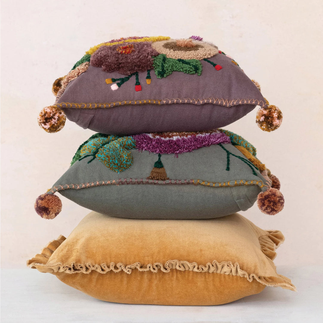 20" Square Cotton Velvet Pillow with Ruffled Trim, Mustard