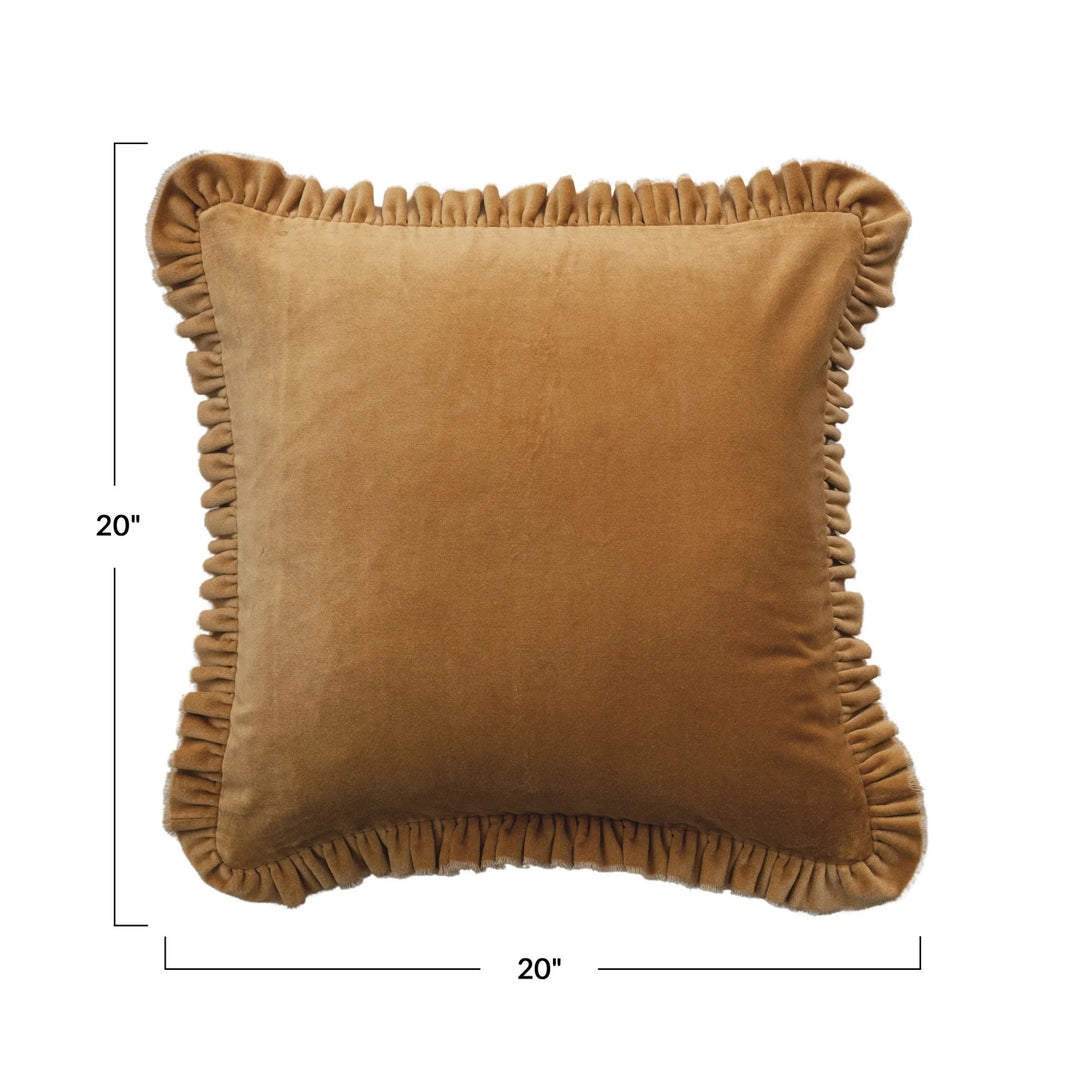 20" Square Cotton Velvet Pillow with Ruffled Trim, Mustard