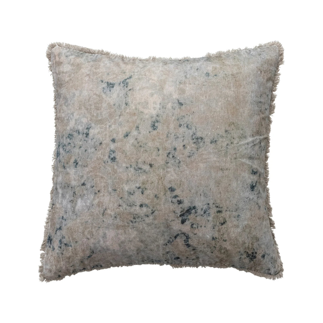 24" Square Cotton Velvet Printed Pillow with Design &amp; Fringe
