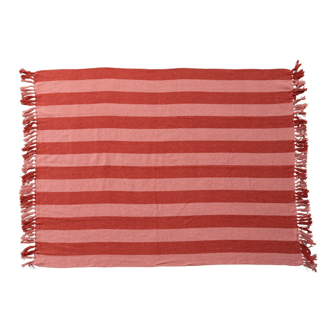 Woven Recycled Cotton Blend Throw with Stripes &amp; Fringe
