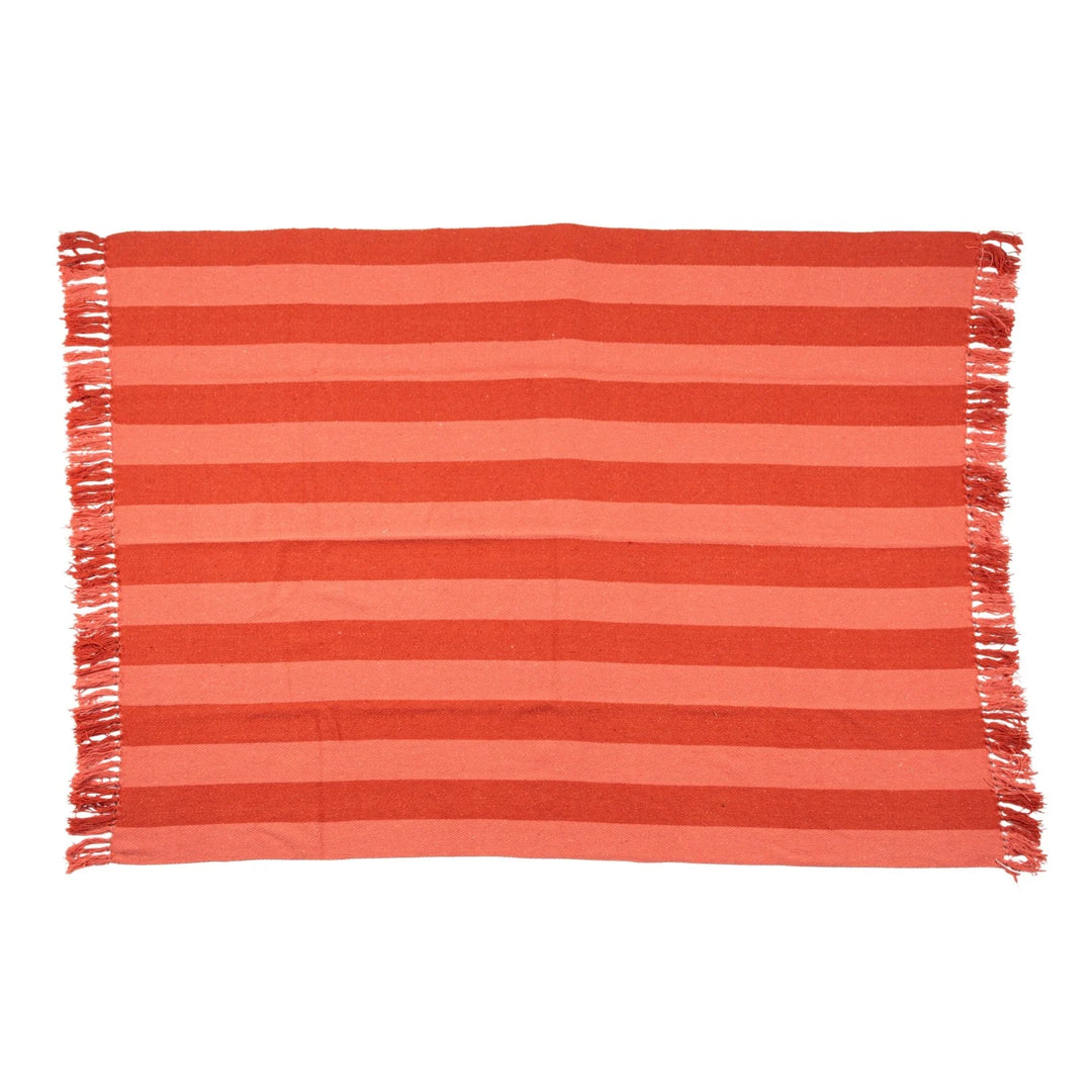 Woven Recycled Cotton Blend Throw with Stripes &amp; Fringe
