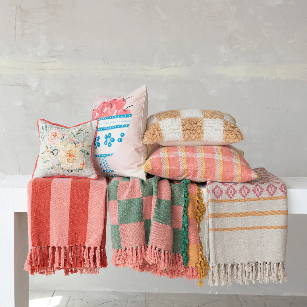 Woven Recycled Cotton Blend Throw with Stripes &amp; Fringe
