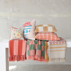 Woven Recycled Cotton Blend Throw with Stripes &amp; Fringe