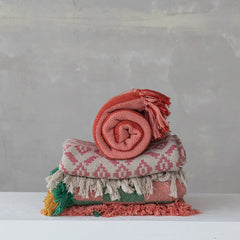 Woven Recycled Cotton Blend Throw with Stripes &amp; Fringe