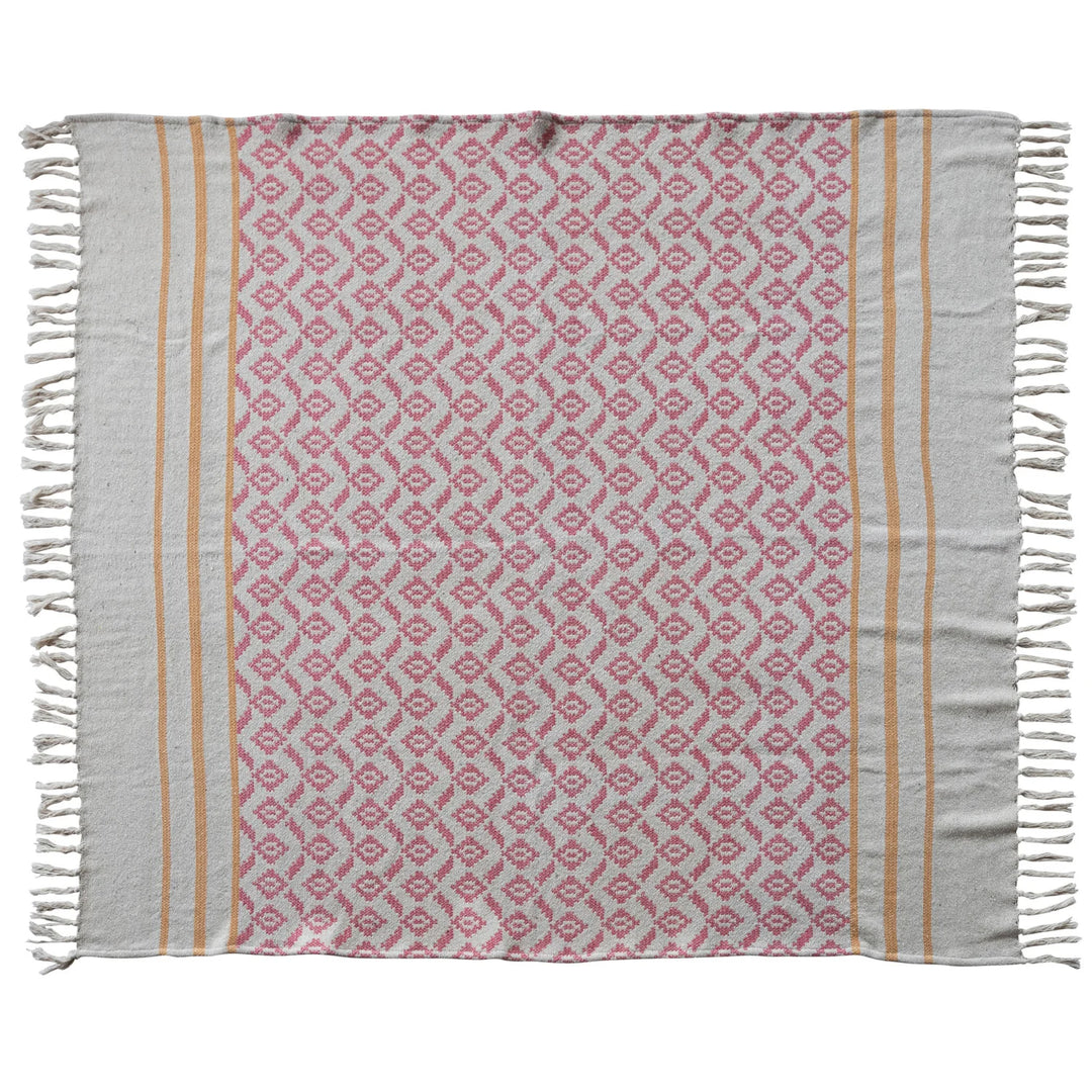Woven Recycled Cotton Blend Jacquard Throw with Stripes &amp; Fringe