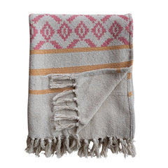 Woven Recycled Cotton Blend Jacquard Throw with Stripes &amp; Fringe