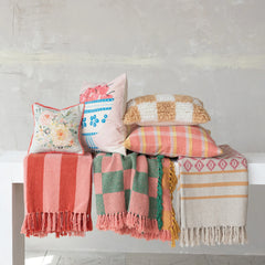 Woven Recycled Cotton Blend Jacquard Throw with Stripes &amp; Fringe