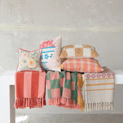 Woven Recycled Cotton Blend Jacquard Throw with Stripes &amp; Fringe