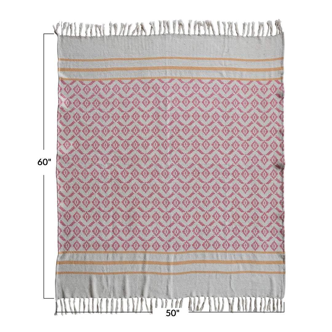 Woven Recycled Cotton Blend Jacquard Throw with Stripes &amp; Fringe