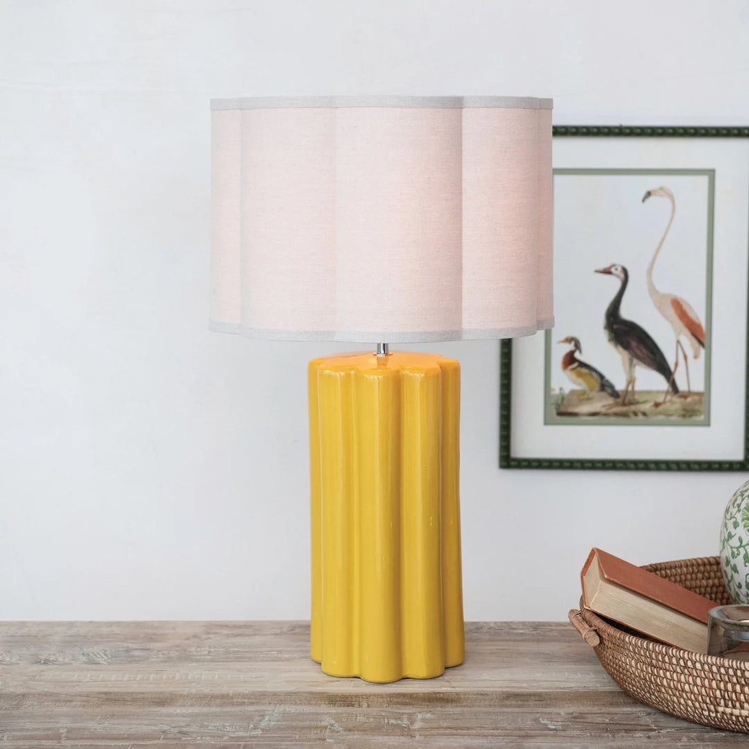 Stoneware Fluted Table Lamp with Scalloped Linen Shade &amp; Swivel