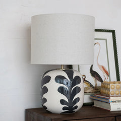 Stoneware Table Lamp with Abstract Design, Linen Shade &amp; Inline Switch