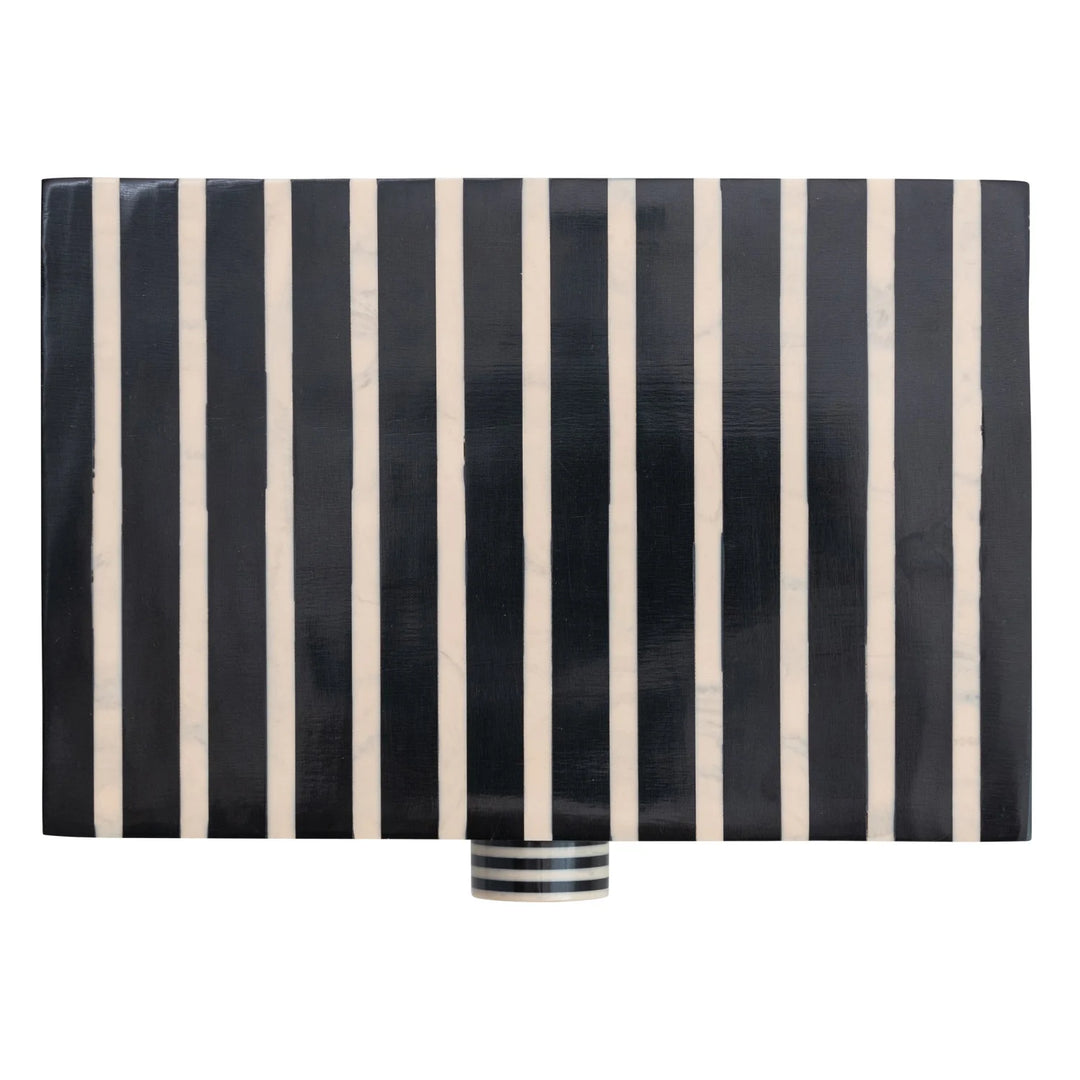 Handmade Mango Wood &amp; Resin Striped Box with Knob, Black &amp; Tan