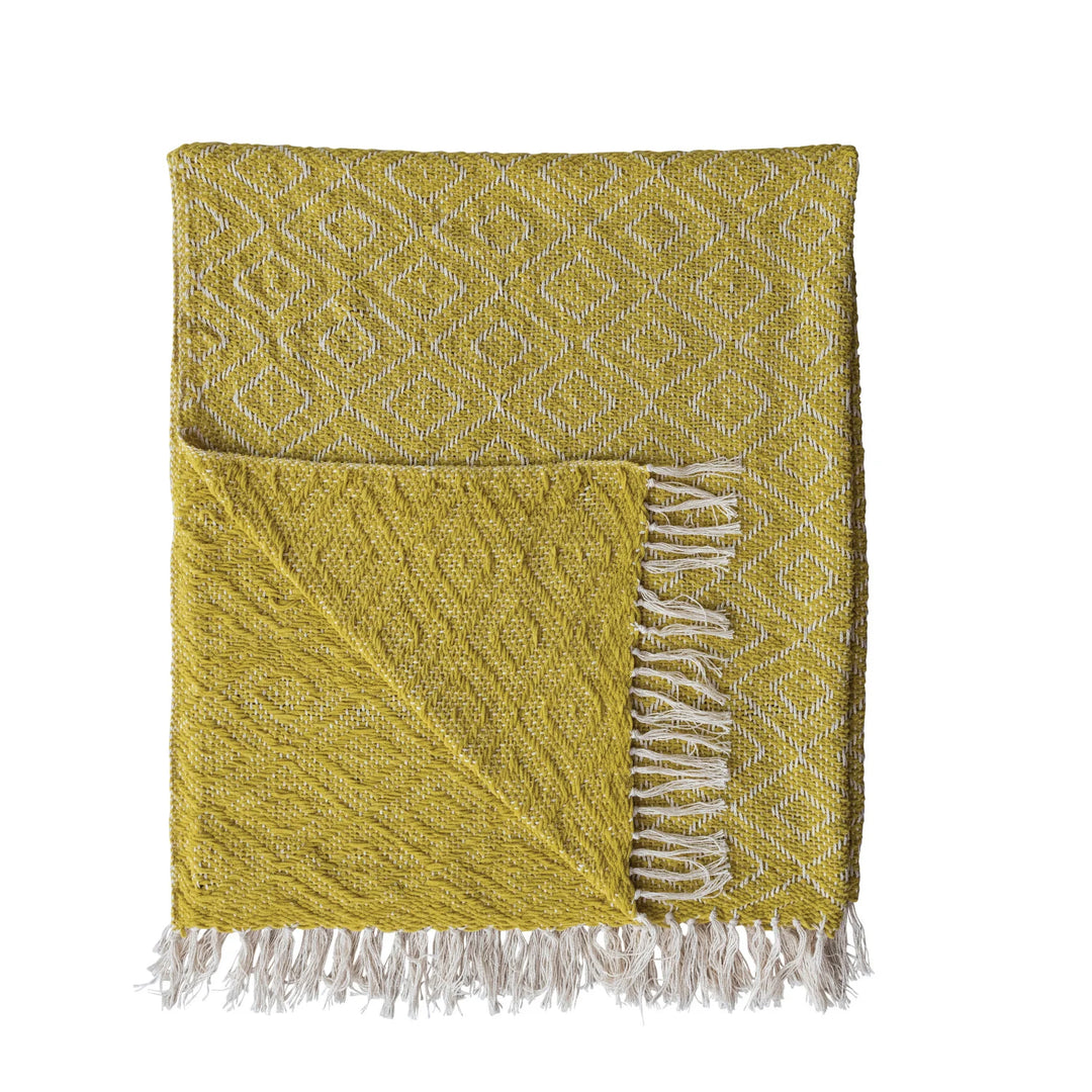 Woven Fabric Chenille Throw with Diamond Pattern &amp; Fringe