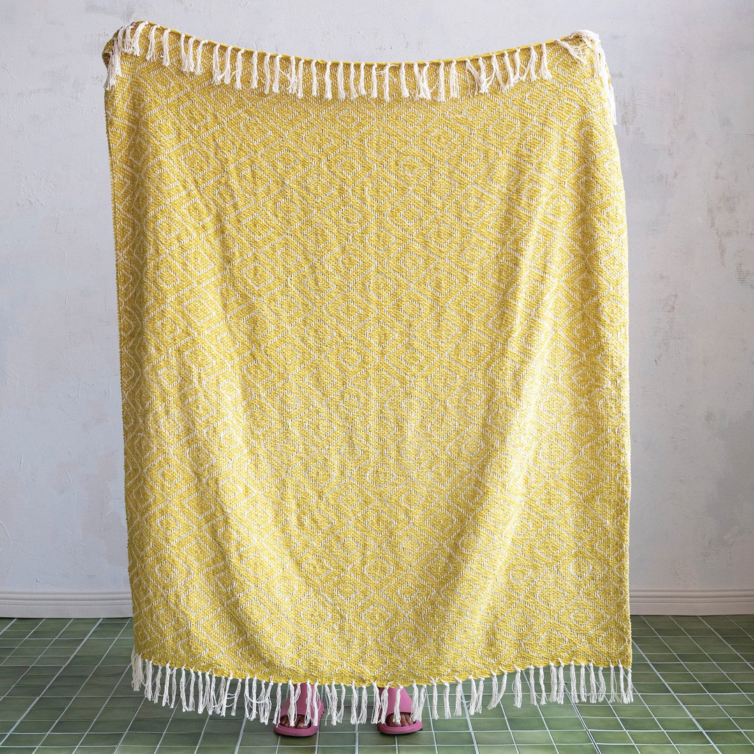 Woven Fabric Chenille Throw with Diamond Pattern &amp; Fringe