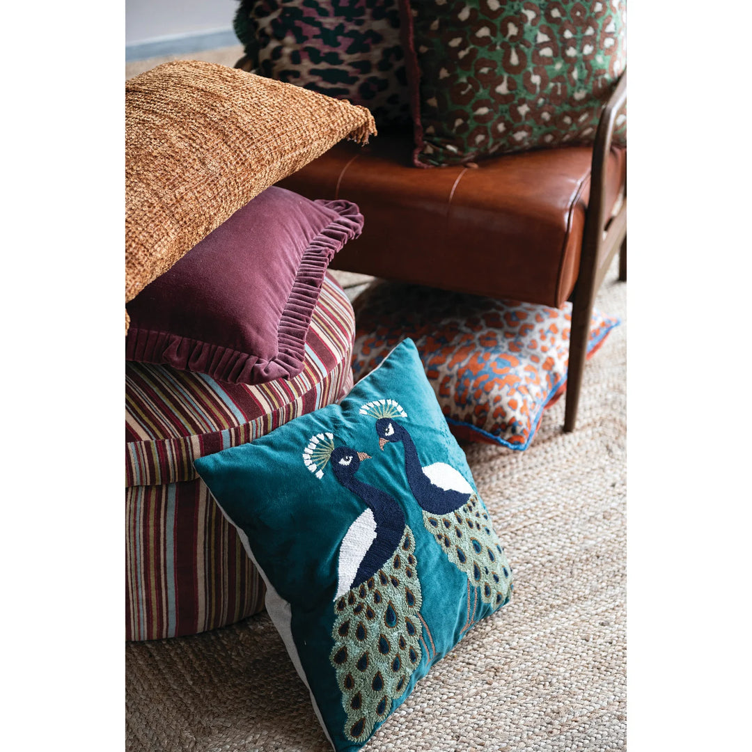 18" Square Velvet Pillow with Peacocks, Embroidery &amp; Chambray Back