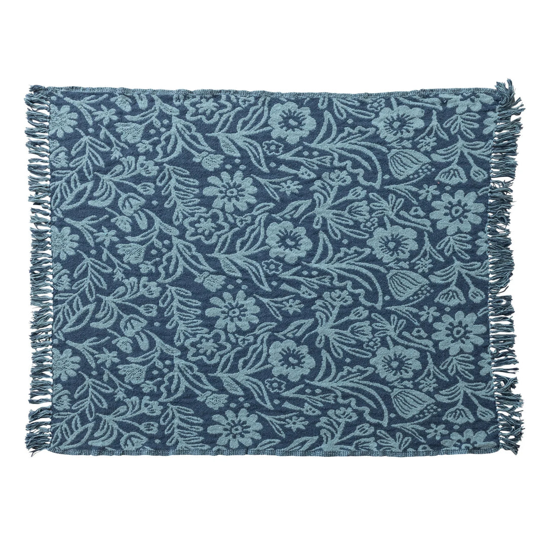 60"L x 50"W Woven Recycled Cotton Blend Jacquard Throw with Stripes &amp; Fringe