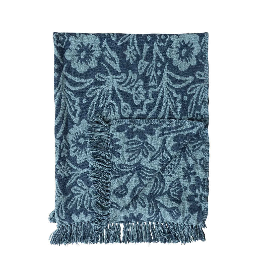 60"L x 50"W Woven Recycled Cotton Blend Jacquard Throw with Stripes &amp; Fringe