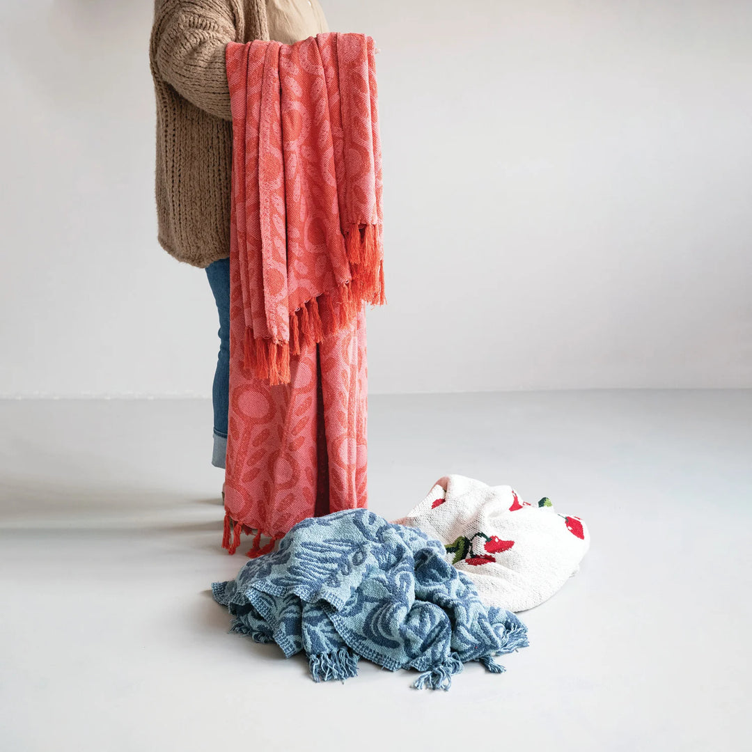 60"L x 50"W Woven Recycled Cotton Blend Jacquard Throw with Stripes &amp; Fringe