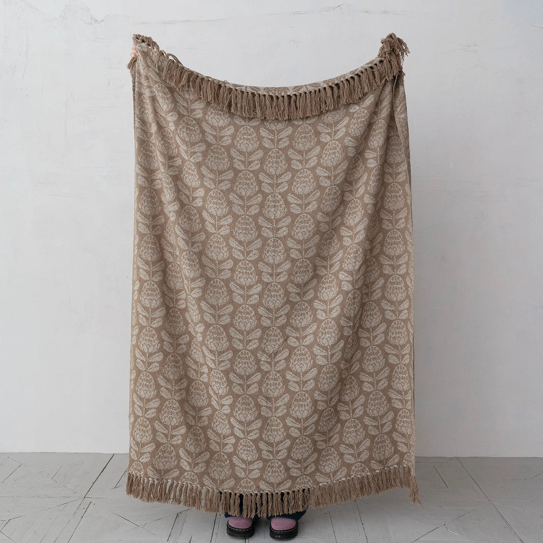 60"L x 50"W Woven Recycled Cotton Blend Jacquard Throw with Stripes &amp; Fringe
