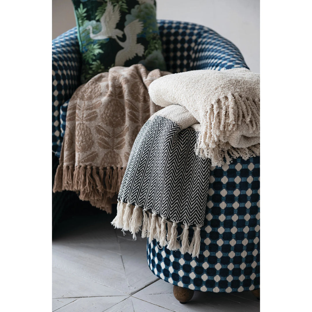60"L x 50"W Woven Recycled Cotton Blend Jacquard Throw with Stripes &amp; Fringe