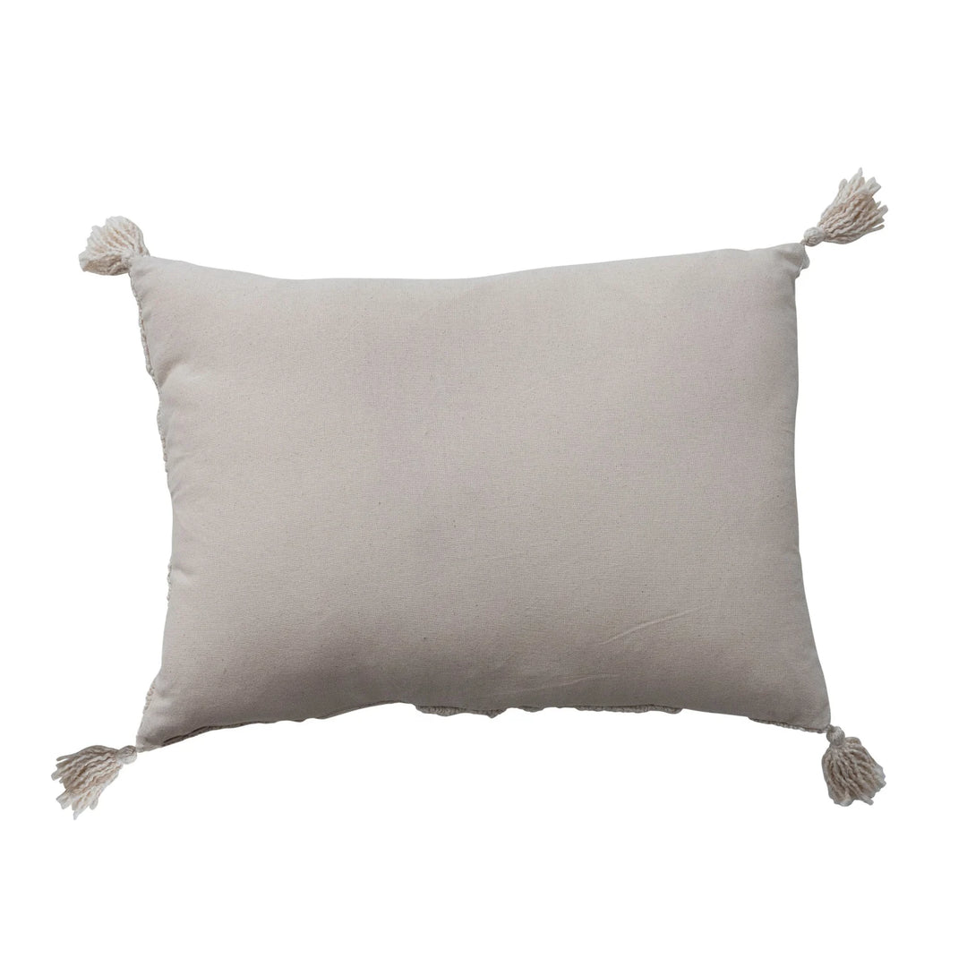 Cotton Tufted Lumbar Pillow with Design &amp; Tassels, Cream